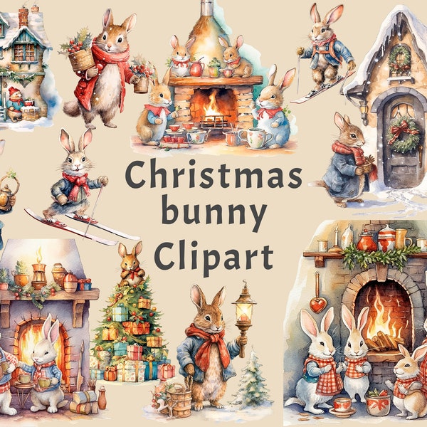 Christmas Bunny, Winter Rabbit, 12 PNG Christmas Clipart Bundle, Christmas Junk Journal, Printable kit, fabulous animals, instant Download