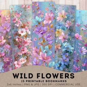 Wildflowers Bookmarks, 15 PNG Printable Floral Bookmarks, Bright Glowing Wild flowers, Reading Lover, Digital Bookmarks, Instant download