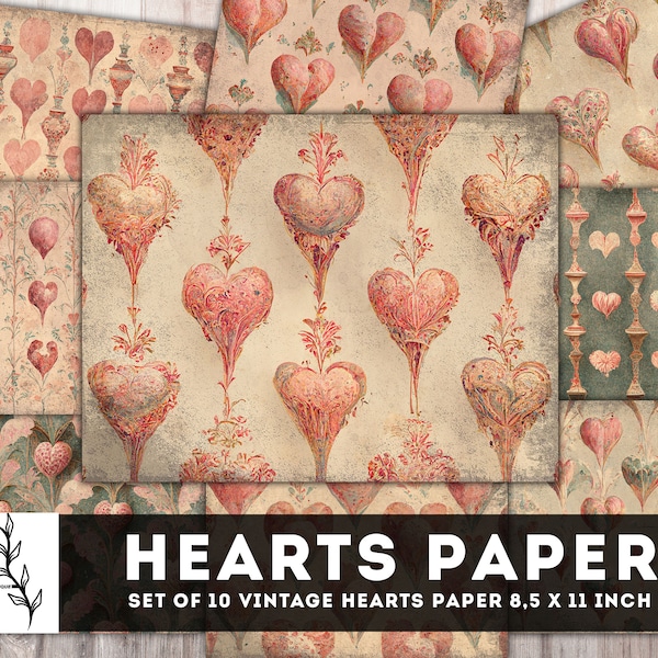Vintage Hearts Paper Pack, Valentine Junk Journal, Love Journal, Hearts Digital paper, Valentine's Day Printables, Instant Download
