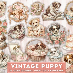 Vintage chiot éphémères coupes difficiles, mignons chiens 24 PNG Clipart Bundle + JPG, chiens victoriens, Junk Journal imprimables, illustration numérique