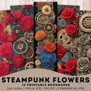 Steampunk Flowers 15 PNG + 3 JPG, Steampunk Roses Gears Bookmarks, Mechanical Ephemera, Printable book accessories, Digital Instant download