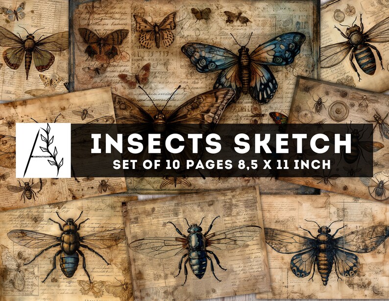Insects Sketch Junk Journal Paper, Vintage Insects Paper, 10 JPG ...