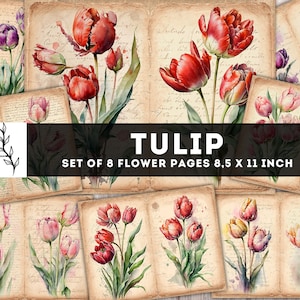 Tulip Junk Journal Kit, Tulip Journal afdrukbare pagina's, Junk Journal Supplies, Floral digitaal papier, oud collageblad, digitale download