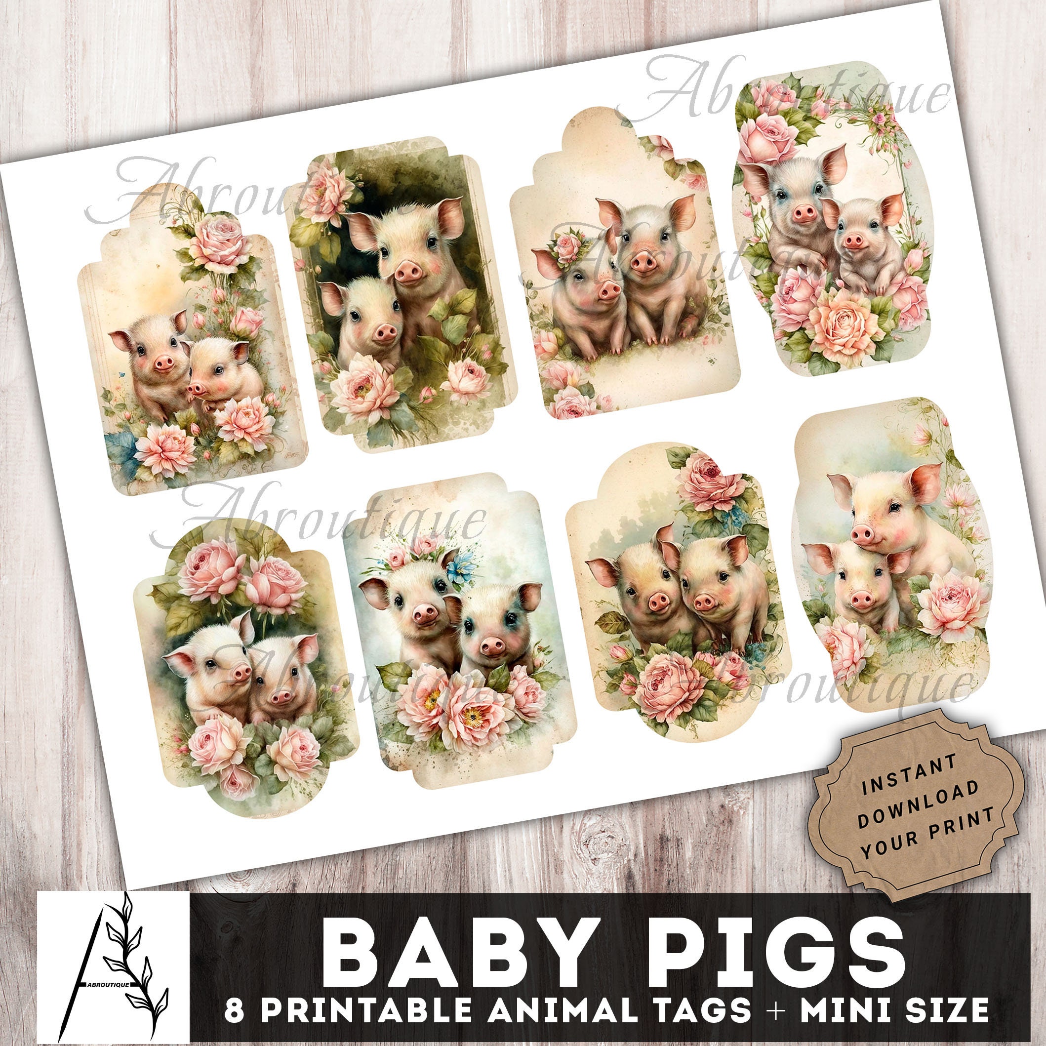 Baby Pigs Junk Journal Tags, Vintage Pigs Tag, Digital Journaling ...