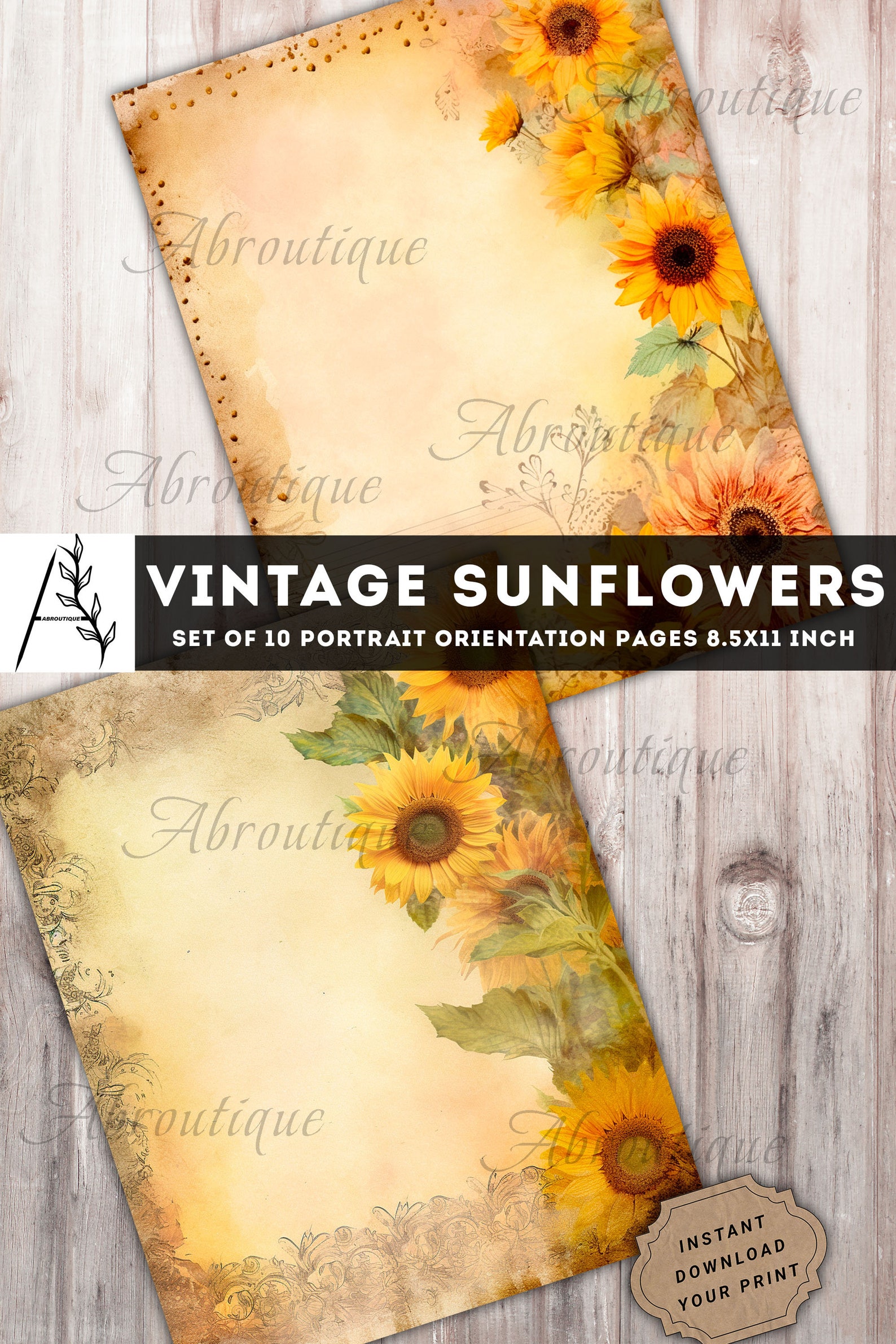 Vintage Sunflowers Digital Paper Pack for Scrapbook and Junk Journal ...