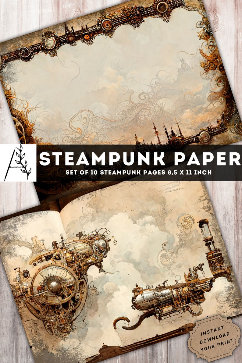 May include: A set of 10 printable steampunk-themed paper pages featuring intricate illustrations of gears, clouds, and a cityscape. Each page is 8.5 inches by 11 inches.