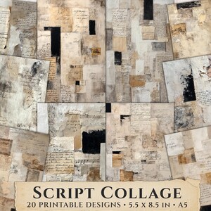 Papel para colagem com escrita cursiva, fundo vintage para scrapbook, folha imprimível com texto manuscrito em camadas