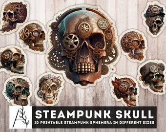 Steampunk skull, Steampunk Printable Junk Journal, Steampunk Horror Ephemera, Fussy Cut, Digital Steampunk Instant Download PNG JPG PDF