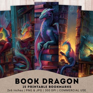 ブックドラゴンのブックマーク、15種類のPNG印刷可能なファンタジーブックデコレーション、ドラゴンとファンタジー愛好家、美しいデジタルブックマーク、すぐにダウンロード