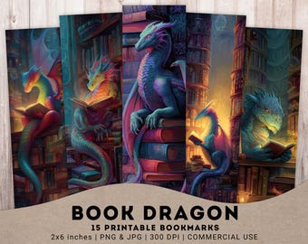 Book Dragon Bookmarks, 15 PNG Printable Fantasy Book Decor, Dragons and Fantasy Lovers, Aesthetic Digital Bookmarks, Instant download