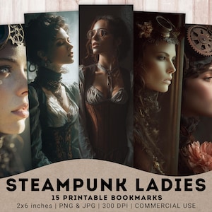 Steampunk Ladies Bookmarks, 15 PNG Printable Gears Bookmarks, Steampunk Women, Vintage Reading Lover, Digital Bookmarks, Instant Download