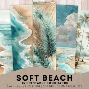 Weiche Strand Lesezeichen, 15 PNG druckbare Buchaccessoires, Wellen, Palmen, Sand, Boho Color Aesthetic digitale Lesezeichen, sofort Download