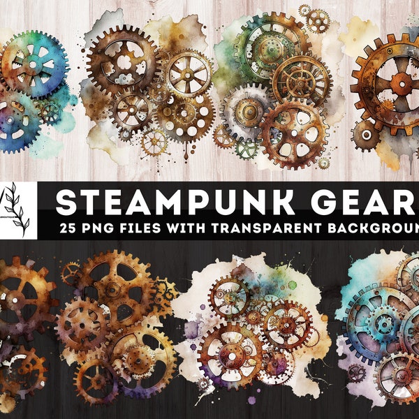 Steampunk Zahnräder Clipart, 25 PNG Steampunk Zahnräder Printables, Junk Journal, Aquarell Zahnräder Ephemera, Fussy Cut, Digital Steampunk