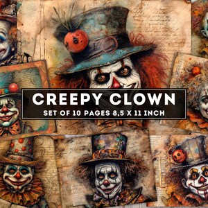Creepy Clown Junk Journal Kit, Horror Paper, 10 JPG + PDF digital paper, Junk journal supplies, gothic, scary, Collage Sheet, Download