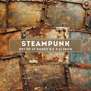 Fondo Steampunk, Paquete de Papel Oxidado, Collage Imprimible con Letras Industriales, Kit de Diario Steampunk, Páginas Digitales Grunge, Descarga