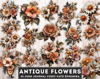 Antique Flowers Ephemera, Floral Fussy Cuts, 24 PNG Flowers Clipart Bundle, Junk Journal Printables, Embellishment, Vintage illustrations