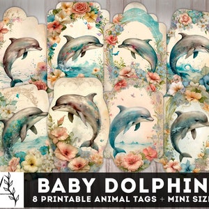 Baby Dolphin Junk Journal Tags, Vintage Dolphin Tag, Journaling Etiketten, druckbare Einsätze, Shabby Chic Ephemera, Junk Journal Zubehör