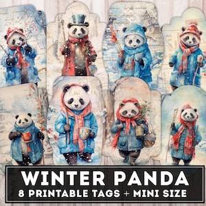 Winter Panda Junk Journal Tags, Vintage Panda Tag, Weihnachtsfee Tag, digitale Journaling Etiketten, druckbare Einsätze, Shabby Winter Ephemera