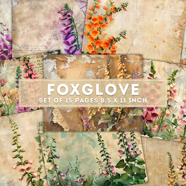 Foxglove Collage, Junk Journal Kit, Vintage Flowers Paper, Floral digital paper, Old Flowers scrapbook, Printable Pages, Digital Download