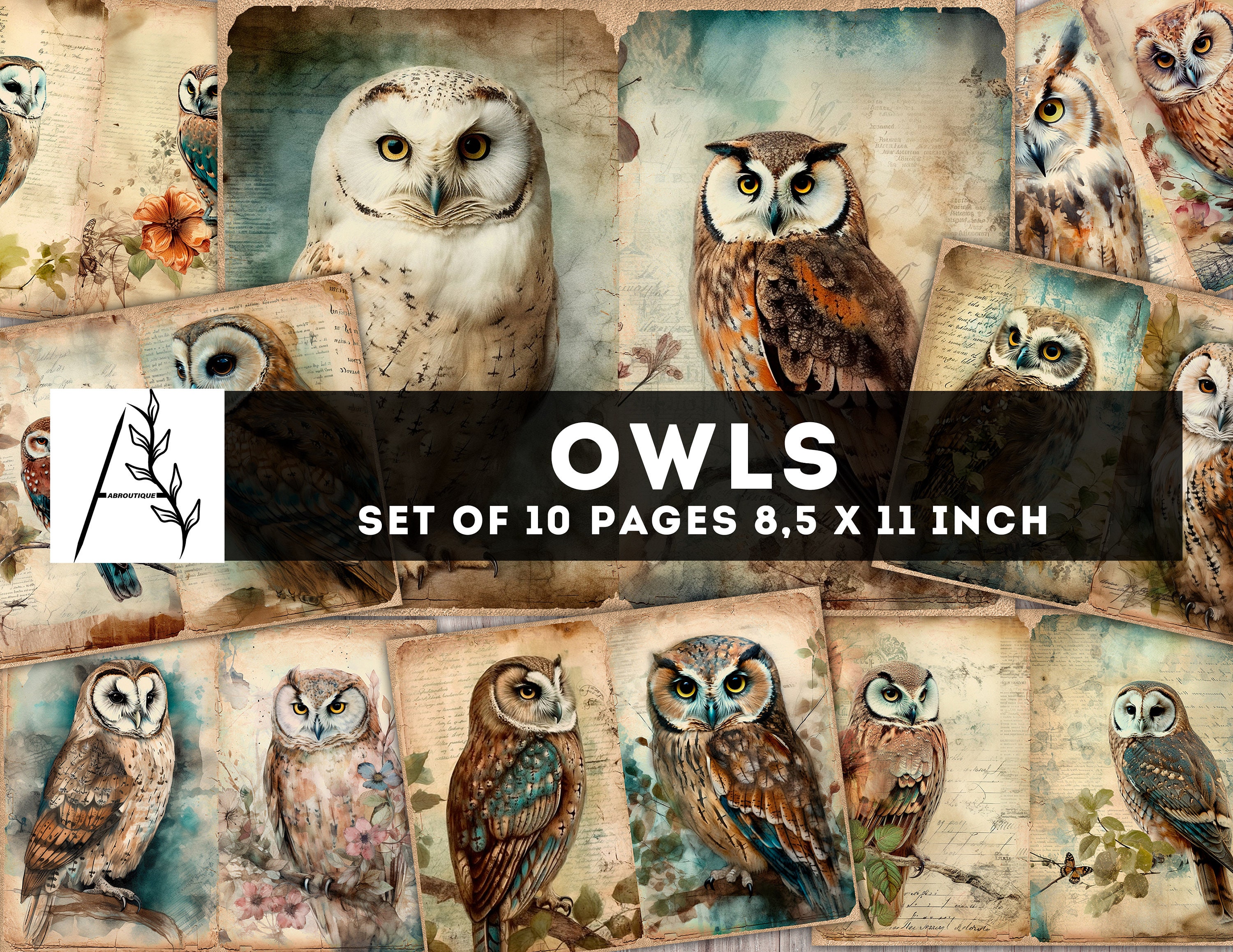 Owl Junk Journal Kit, Vintage Owls Paper, Digital Journaling Pages, Birds Shabby Pages, Watercolor O