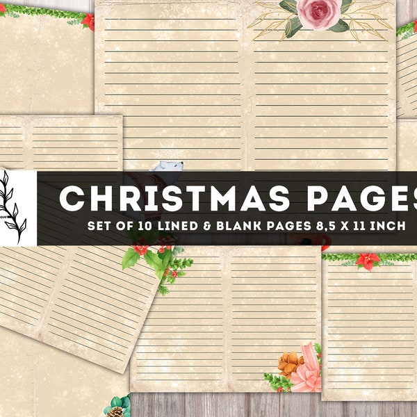 Christmas Blank & Lined paper, Xmas Junk Journal, Vintage notebook pages, Winter digital paper, journal pages collage sheet, download