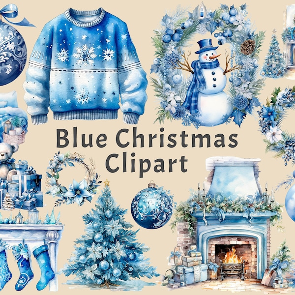 Blue Christmas Clipart, 26 PNG Christmas Bundle, Christmas Junk Journal, Christmas Decor, Socks, Sweater, gifts, fireplace, garland, bell