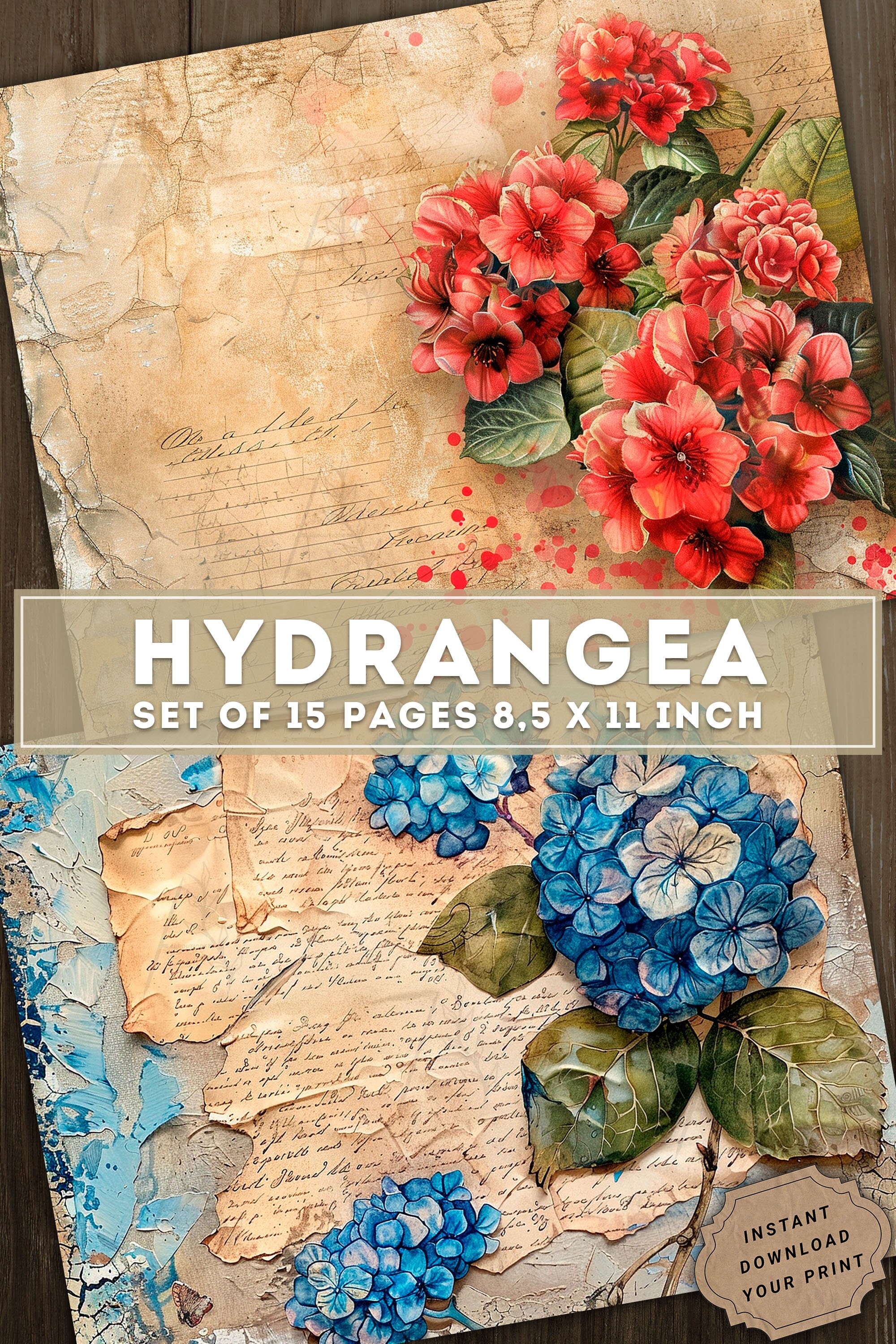 Hydrangea Collage, Junk Journal Kit, Colorful Vintage Flowers Paper ...