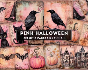 Pink Halloween Junk Journal Kit, Rose Halloween digital paper, Haunted house, bats, cats, crows, pumpkins, Printable Pages, Digital Download