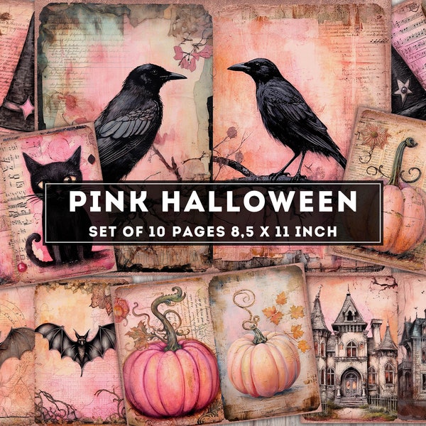Pink Halloween Junk Journal Kit, Rose Halloween digital paper, Haunted house, bats, cats, crows, pumpkins, Printable Pages, Digital Download