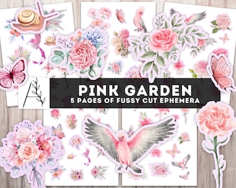 Pink Garden Floral Pack, Junk Journal Printable, Fussy Cut, Ephemera, Pink flowers birds Butterfly, Junk Journal Stickers, Collage Sheets