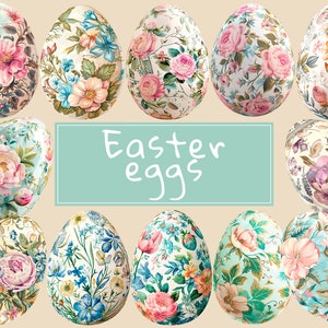 Ostereier Clipart, 20 PNG Blumen Eier Bundle, Ostern Printables, Vintage Junk Journal Ephemera, Verzierung, Papierdekoration