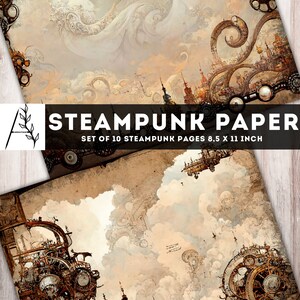 May include: Set of 10 digital printable steampunk paper designs featuring intricate gears, clouds, and a cityscape. Each page is 8.5 x 11 inches.
