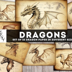 Dragons Paper 12x18, Dragons Paper 7 x 10.5, Dragons cards 2.57 x 3.5 Dragon Printables, Dragons Junk Journal, Dragon Sketch pages, Download