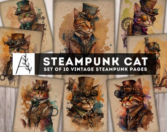 Paquet de papier chats steampunk, imprimables fées chat, pages âgées, kit de journal indésirable steampunk, feuille de collage de pages numériques, téléchargement immédiat