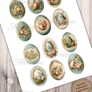 May include: Twelve digital images of vintage-style Easter eggs with floral and bird designs. The eggs are on a white background. The text "SHABBY CHIC EGGS" and "12 EASTER EGGS EPHEMERA + MINI SIZE" is at the bottom of the image.