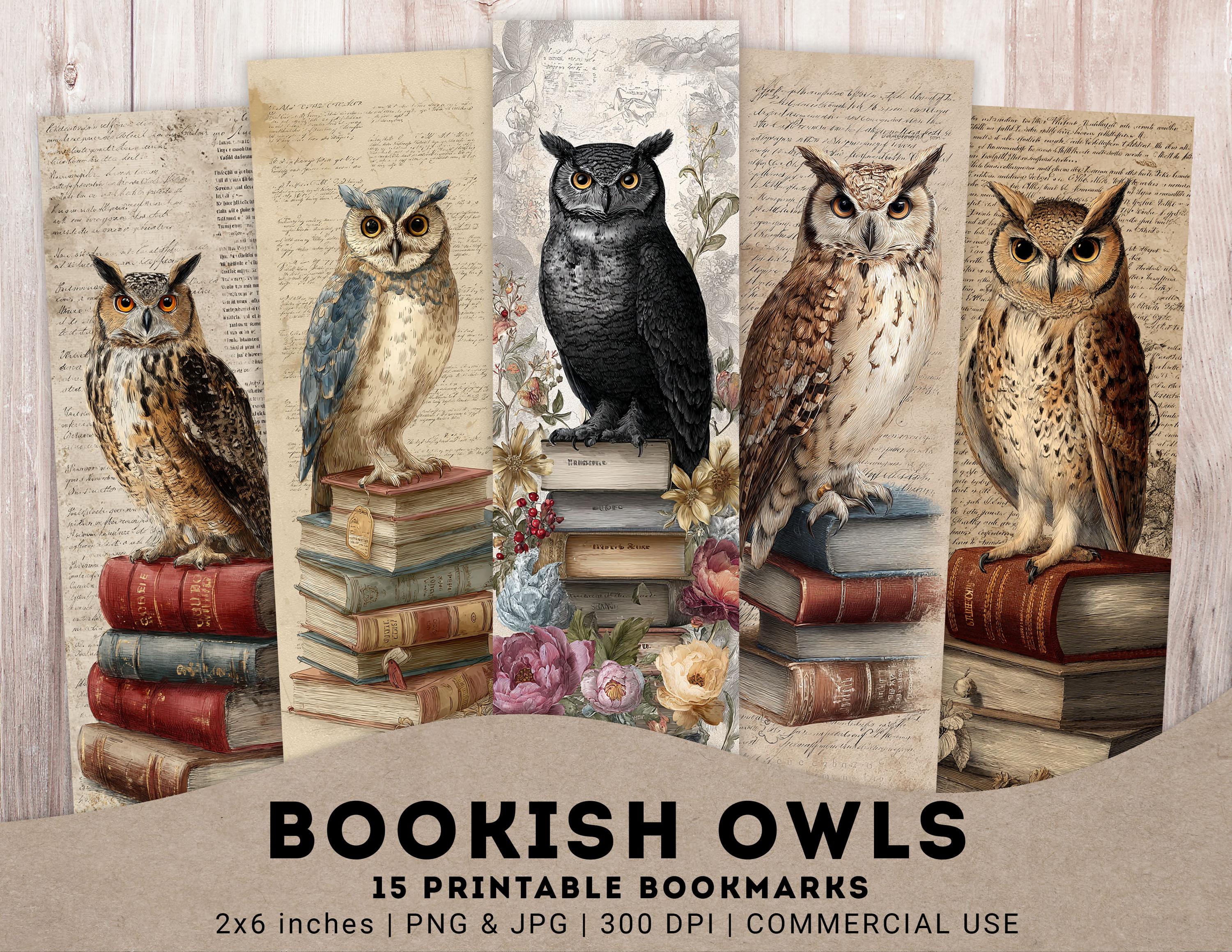 Bookish Owl Bookmarks, 15 PNG + 3 JPG Vintage Owl, Wise Owl, Printable Bookmarks, Owl junk journal, 