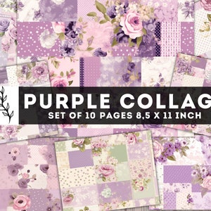 Purple Collage Junk Journal Kit, Shabby Chic Flowers Paper, 10 JPG Digital Pages, Polka Dots Junk Journal Pages, Stationery, Download