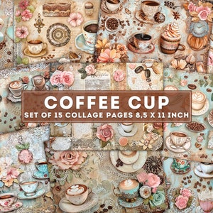 Papel digital de taza de café, hoja de collage, kit de diario basura de café, páginas de diario vintage, paquete de papel, páginas imprimibles, descarga digital