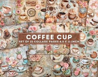 Op de afbeelding: Een set van 15 digitale collagepapieren met vintage koffiekopjes, bloemenontwerpen en koffiebonen. De papieren zijn 8,5 x 11 inch.