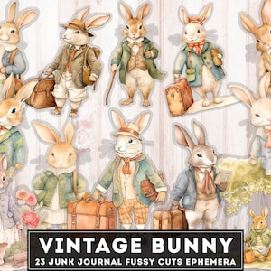 Vintage Bunny Ephemera, Konijn Kieskeurig Cuts, 23 PNG Haas in Kleding Clipart Bundel, Journal Printables, Versiering, Dierlijke illustraties