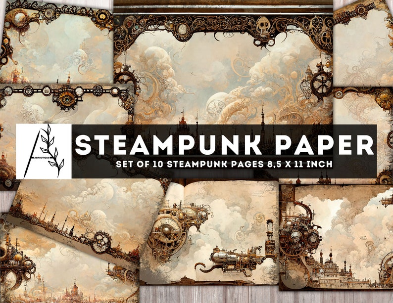 May include: A set of 10 digital papers featuring a steampunk aesthetic. The papers feature intricate gears, clouds, and a cityscape with a vintage, industrial feel. Each paper is 8.5 x 11 inches.