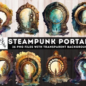 Steampunk Portals Clipart, 26 PNG Steampunk Doors Printables, Junk Journal, Watercolor Steampunk Ephemera, Fussy Cut, Digital Steampunk