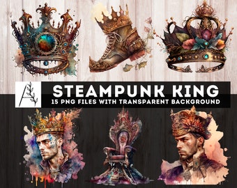 Acuarela Steampunk King Clipart, 15 PNG Steampunk Prince Imprimibles, Junk Journal, Steampunk Majestic Man Ephemera, Digital Steampunk