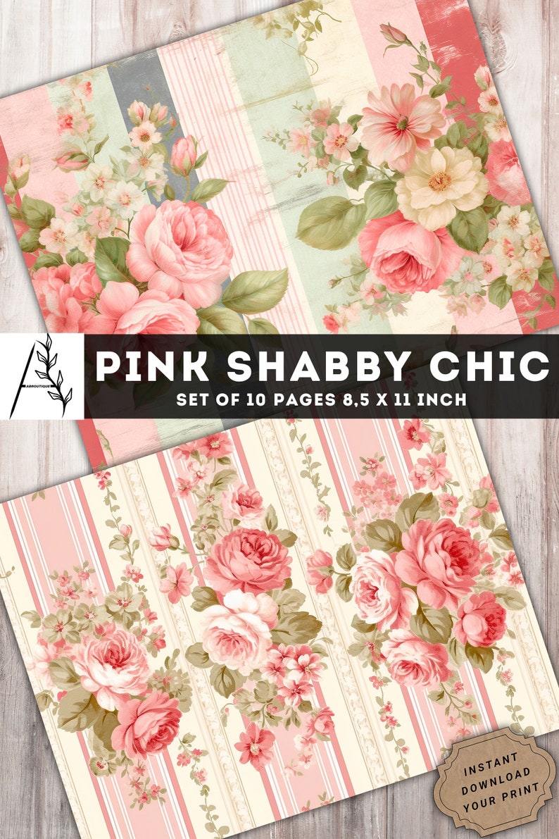 Pink Shabby Chic Junk Journal Kit, Shabby Chic Paper, 10 JPG Digital ...