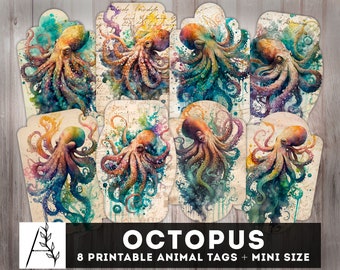 Octopus Junk Journal Tags, Vintage Octopus Tag, Digital Journaling Labels, Printable Inserts, Watercolor Ephemera, Journal Supplies