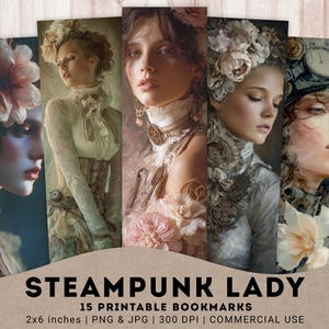 Steampunk Lady Bookmarks, 15 PNG Printable Watercolor Steampunk Women Bookmarks, Vintage Reading Lover, Digital Bookmarks, Instant Download