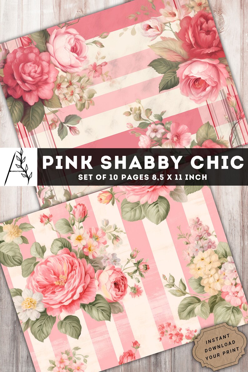 Pink Shabby Chic Junk Journal Kit, Shabby Chic Paper, 10 JPG Digital ...