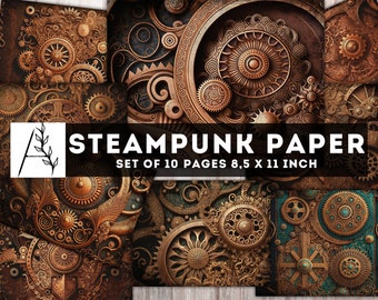 May include: A collection of ten steampunk-themed paper sheets, each featuring intricate designs of gears, cogs, and mechanical elements in shades of bronze and copper. The text "STEAMPUNK PAPER" is displayed prominently, with the dimensions 8.5 x 11 inches.