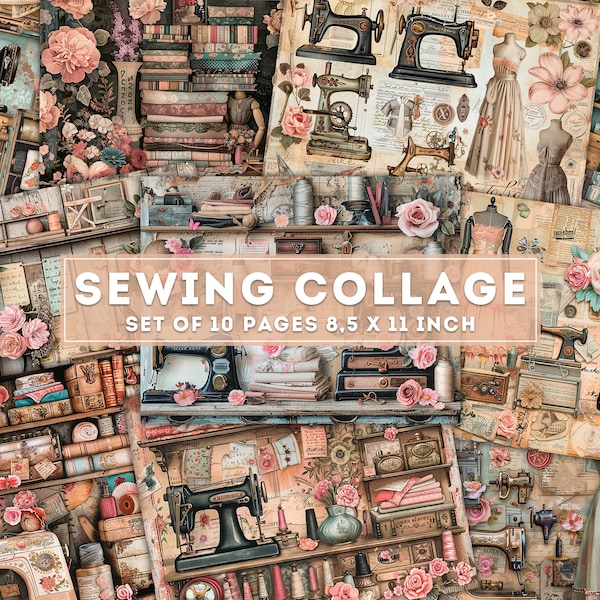 Sewing Collage, Sewing Machine, Threads, Needles, Junk Journal Ephemera Sheets, Old Background, Vintage Printable Pages, Digital Download