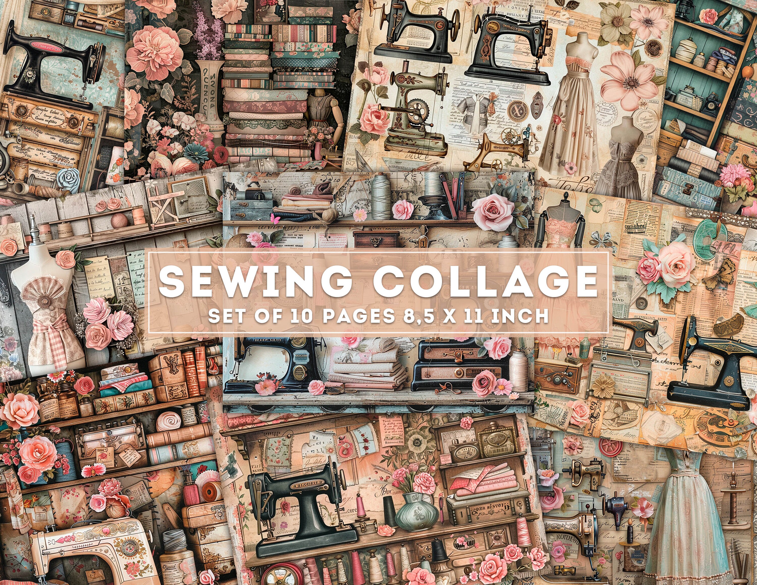 Sewing Collage, Sewing Machine, Threads, Needles, Junk